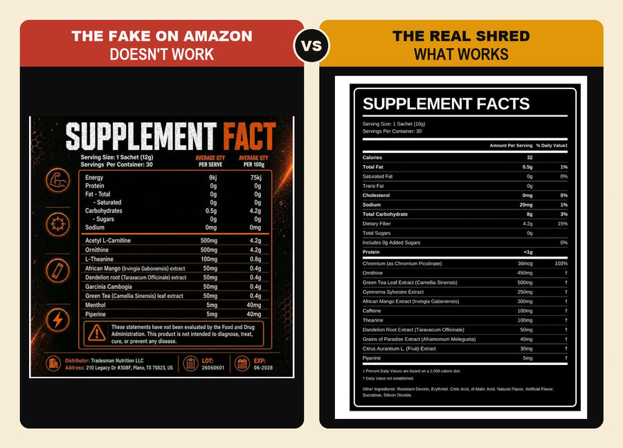 The fake Amazon Shred panel next to the real Tradesman Nutrition Shred panel, side by side