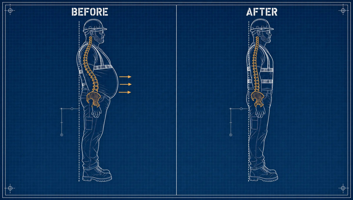Blueprint-style side profile: belly pulling spine/pelvis forward, amber load arrows through lower back.